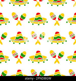 Cappello Sombrero e disegno Maracas doodle senza cuciture. Sfondo vettoriale disegnato a mano della festa messicana e della festa Cinco de Mayo. Illustrazione Vettoriale