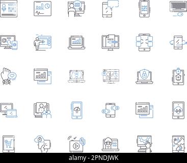 Raccolta delle icone della riga dei dispositivi. Smartphs, tablet, notebook, smartwatch, Smart TV, Console di gioco, desktop, illustrazione vettoriale e lineare. Stampanti Illustrazione Vettoriale