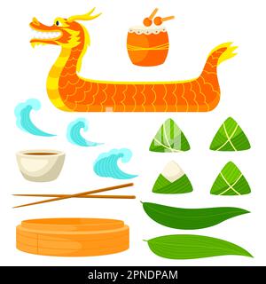 Happy Dragon Boat Festival set. Tradizionale cinese Duanwu vacanza. Gnocchi di riso avvolti. Illustrazione Vettoriale