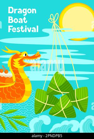 Biglietto d'auguri per il festival Happy Dragon Boat. Vacanza cinese Duanwu. Cibo tradizionale zongzi riso in foglie di bambù. Illustrazione Vettoriale