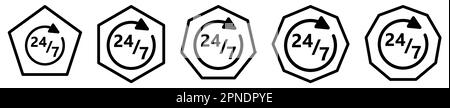 24 7 icona in poligoni con numero diverso di bordi. Segnale di supporto non-stop Illustrazione Vettoriale