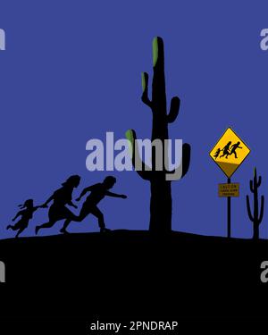 Gli immigrati clandestini si vedono attraversare il deserto di notte, davanti al cactus e un segno sugli immigrati clandestini. Questo è un vettore. Illustrazione Vettoriale