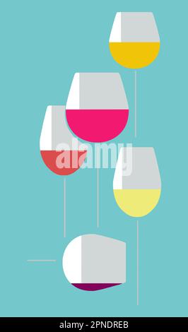 In un'immagine vettoriale si vedono cinque bicchieri di vino rosso e bianco. Illustrazione Vettoriale
