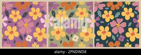 Set vettoriale trendy con motivi senza cuciture floreali groovy. Illustrazione Vettoriale