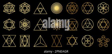 Set di icone di geometria sacra in gradiente dorato. Geometria forme di contorno isolate su sfondo nero Illustrazione Vettoriale