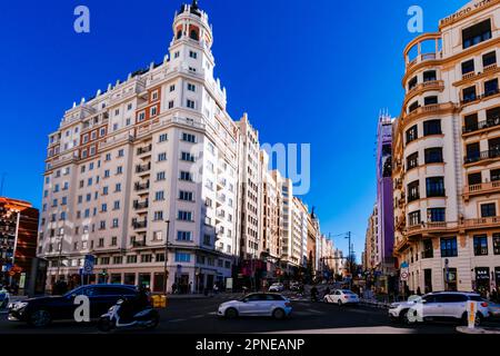 La Gran Vía, vista dalla Plaza de España. Madrid, Comunidad de Madrid, Spagna, Europa Foto Stock