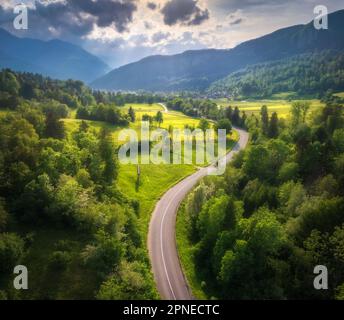Veduta aerea della strada nei prati verdi durante il giorno di sole estivo Foto Stock
