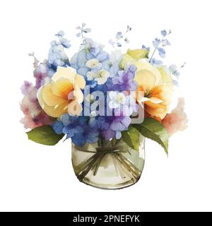 Vaso di fiori viola hydrangea blu, floreale, arredamento interno. Illustrazione dello schizzo con acquerello. Vettore isolato. Illustrazione Vettoriale