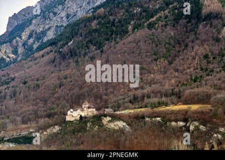 foto panoramica del castello di vaduz arroccato sotto le alpi del liechtenstein Foto Stock