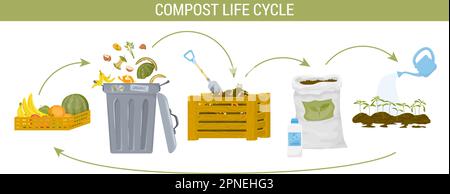 Compost ridurre in concime organico infografica piatta con descrizione di ciclo di vita di compost e passi di illustrazione di vettore di cerchio Illustrazione Vettoriale