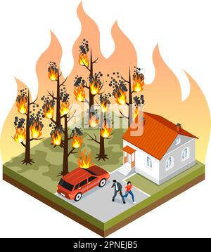 Disastro naturale foresta incendio concetto isometrico con persone preoccupate che scappano da alberi in fiamme vicino alla loro casa 3D vettore illustrazione Illustrazione Vettoriale