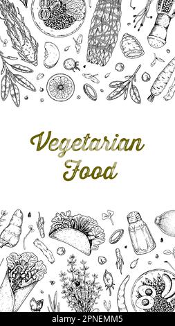 Cibo vegetariano sfondo. Illustrazione vettoriale disegnata a mano nello stile di schizzo. Design del menu del ristorante Illustrazione Vettoriale