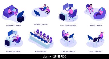 Giocatori isometrici Set di composizioni isolate con didascalie di testo personaggi di giocatori con poltrone e computer illustrazione vettoriale Illustrazione Vettoriale