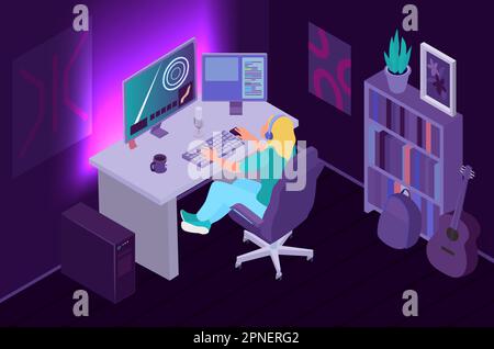 Composizione isometrica dei giocatori con vista interna del salotto con illuminazione al neon e immagine vettoriale del giocatore al computer Illustrazione Vettoriale