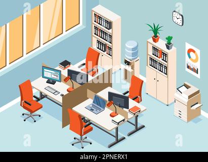 Moderno interno per ufficio con quattro librerie per postazioni di lavoro, stampante e refrigerante ad acqua, illustrazione vettoriale isometrica Illustrazione Vettoriale