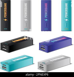 Icone realistiche del powerbank con caricabatteria multicolore, illustrazione vettoriale isolata Illustrazione Vettoriale