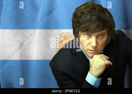 Javier Milei e bandiera dell'Argentina Foto Stock