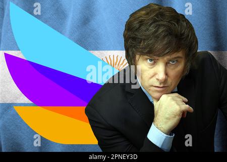 Javier Milei, bandiera argentina e logo del Partito libertario Foto Stock