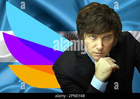 Javier Milei, bandiera argentina e logo del Partito libertario Foto Stock