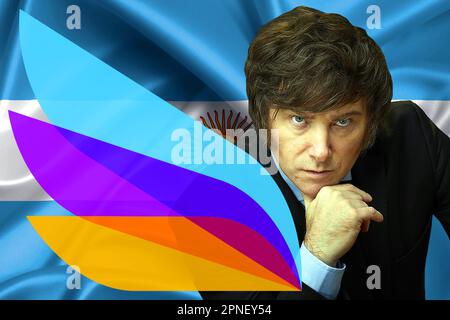 Javier Milei, bandiera argentina e logo del Partito libertario Foto Stock