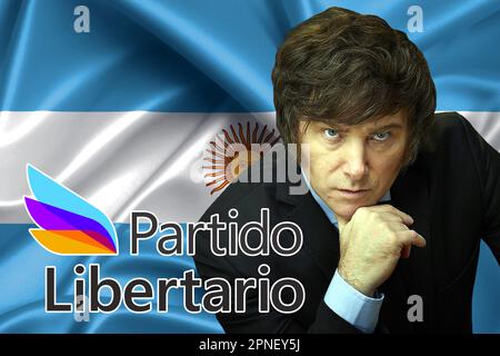 Javier Milei, bandiera argentina e logo del Partito libertario Foto Stock