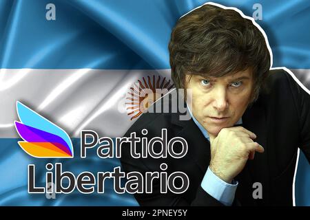 Javier Milei, bandiera argentina e logo del Partito libertario Foto Stock