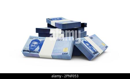 3D rendering di Stack of 1000 Nigeria Note Naira. Pacchetti di banconote nigeriane isolate su sfondo bianco Foto Stock
