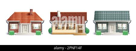 Icona realistica tegola cottage impostare tre case in diversi stili e colori con diversi tetti vettore illustrazione Illustrazione Vettoriale