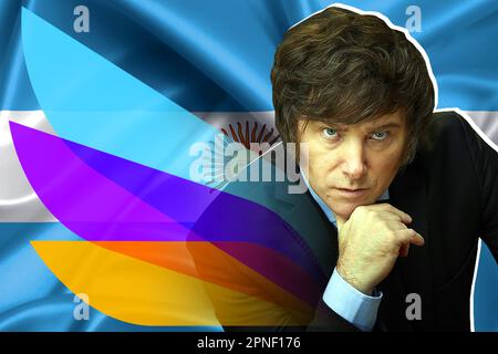 Javier Milei, bandiera argentina e logo del Partito libertario Foto Stock