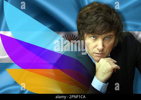 Javier Milei, bandiera argentina e logo del Partito libertario Foto Stock
