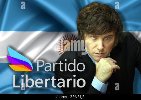 Javier Milei, bandiera argentina e logo del Partito libertario Foto Stock