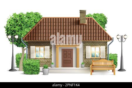 Composizione di cottage realistico pulito taglio nuovo cottage con un tetto marrone si erge tra gli alberi vettore illustrazione Illustrazione Vettoriale