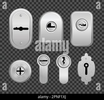 Icona dei keyhole realistici Imposta i keyhole per porte di diverse dimensioni su illustrazioni vettoriali su sfondo trasparente Illustrazione Vettoriale