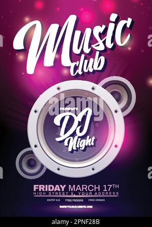 Altoparlanti isometrici verticali con poster musicale con music club dj notte titolo vettoriale Illustrazione Vettoriale