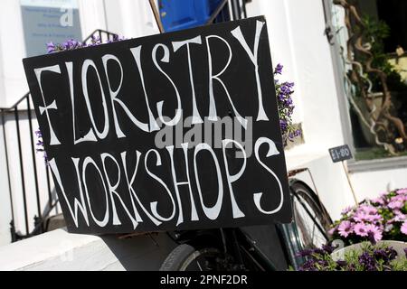 Fiori, piante e mazzi in vendita presso un negozio di fioristi e un laboratorio di floristeria a Chichester, West Sussex, Regno Unito. Foto Stock