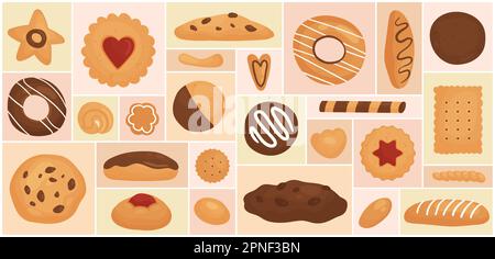 Cartoon snack assortiti di zucchero, collezione di dolciumi con cracker biscotto ciambella shortbread con glassa e glassa in fondo geometrico collage. Illustrazione del vettore del set del biscotto, dell'alimento dolce Illustrazione Vettoriale