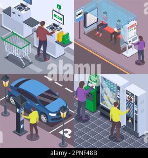 Set isometrico self-service di quattro composizioni quadrate con persone che ordinano cibo acquistare biglietti parcheggio vettore illustrazione Illustrazione Vettoriale