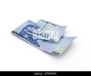 3D rendering di Double 1000 nigeriane note di Naira isolate su sfondo bianco Foto Stock