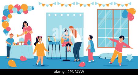 Concetto piatto di festa dei bambini con illustrazione vettoriale di pittura di faccia dei capretti Illustrazione Vettoriale