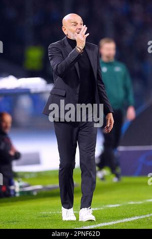 Napoli, Italia. 18th Apr, 2023. Napoli, 18th 2023 aprile: Allenatore di testa dell'AC Milan Stefano Pioli durante la partita di Champions League tra AC Milan e SSC Napoli allo Stadio Meazza di Milano. (Foto Mosca/SPP) Credit: SPP Sport Press Photo. /Alamy Live News Foto Stock