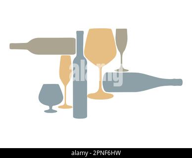 Le sagome dei bicchieri da vino e delle bottiglie da vino sono visibili su uno sfondo vettoriale. Illustrazione Vettoriale