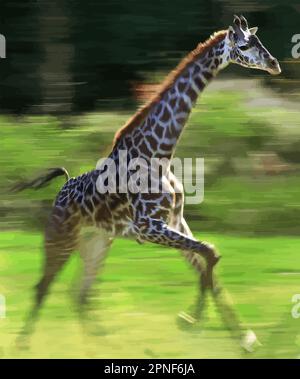 Una giraffa del bambino è vista funzionare in una sfocatura delle gambe nell'immagine vettoriale. Illustrazione Vettoriale