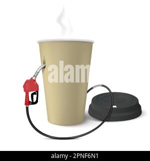 Un concetto di design realistico che si alimenta con l'ugello della pompa della maniglia del gas carburante inserito nella tazza di carta dell'illustrazione vettoriale del caffè caldo Illustrazione Vettoriale