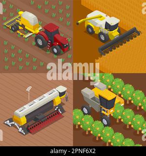 Moderno set di macchinari agricoli composto da quattro composizioni isometriche quadrate con viste esterne dell'illustrazione vettoriale dei veicoli automatizzati in funzione Illustrazione Vettoriale