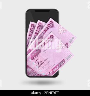 3D Illustrazione delle note nigeriane della naira dietro il telefono mobile Foto Stock