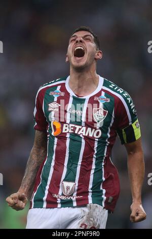Rio de Janeiro, Brasile, 18th Apr, 2023. Nino di Fluminense, celebra dopo aver ottenuto il suo gol durante la partita tra Fluminense e il più forte per il 2st° round del Gruppo D di Libertadores 2023, allo Stadio Maracana, a Rio de Janeiro, Brasile, il 18 aprile. Foto: Daniel Castelo Branco/DiaEsportivo/Alamy Live News Foto Stock