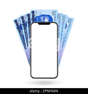 3D Illustrazione delle note nigeriane della naira dietro il telefono mobile Foto Stock