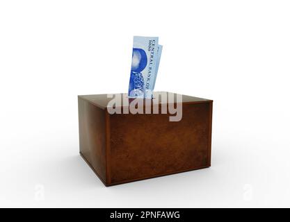 Nigeriana naira note all'interno di cassetta di risparmio in legno. Banca di risparmio generica, Penny Bank, Money Box. rendering 3d Foto Stock