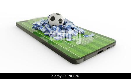 Concetto di scommesse sul calcio. Calcio sulle note nigeriane di Naira sullo schermo del telefono. Campo di calcio sullo schermo dello smartphone isolato su sfondo bianco. scommetti e. Foto Stock