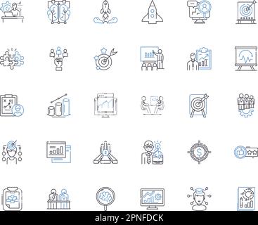 Raccolta di icone delle linee di approccio alle vendite. Persuasione, negoziazione, presentazione, convincimento, chiusura, Relazione, vettore consultivo e lineare Illustrazione Vettoriale